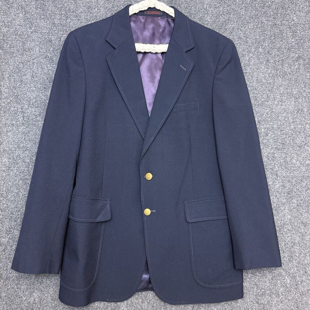 English Manor Navy Blazer Men 40L Gold Button Wool Sport Coat Made in Poland VTG